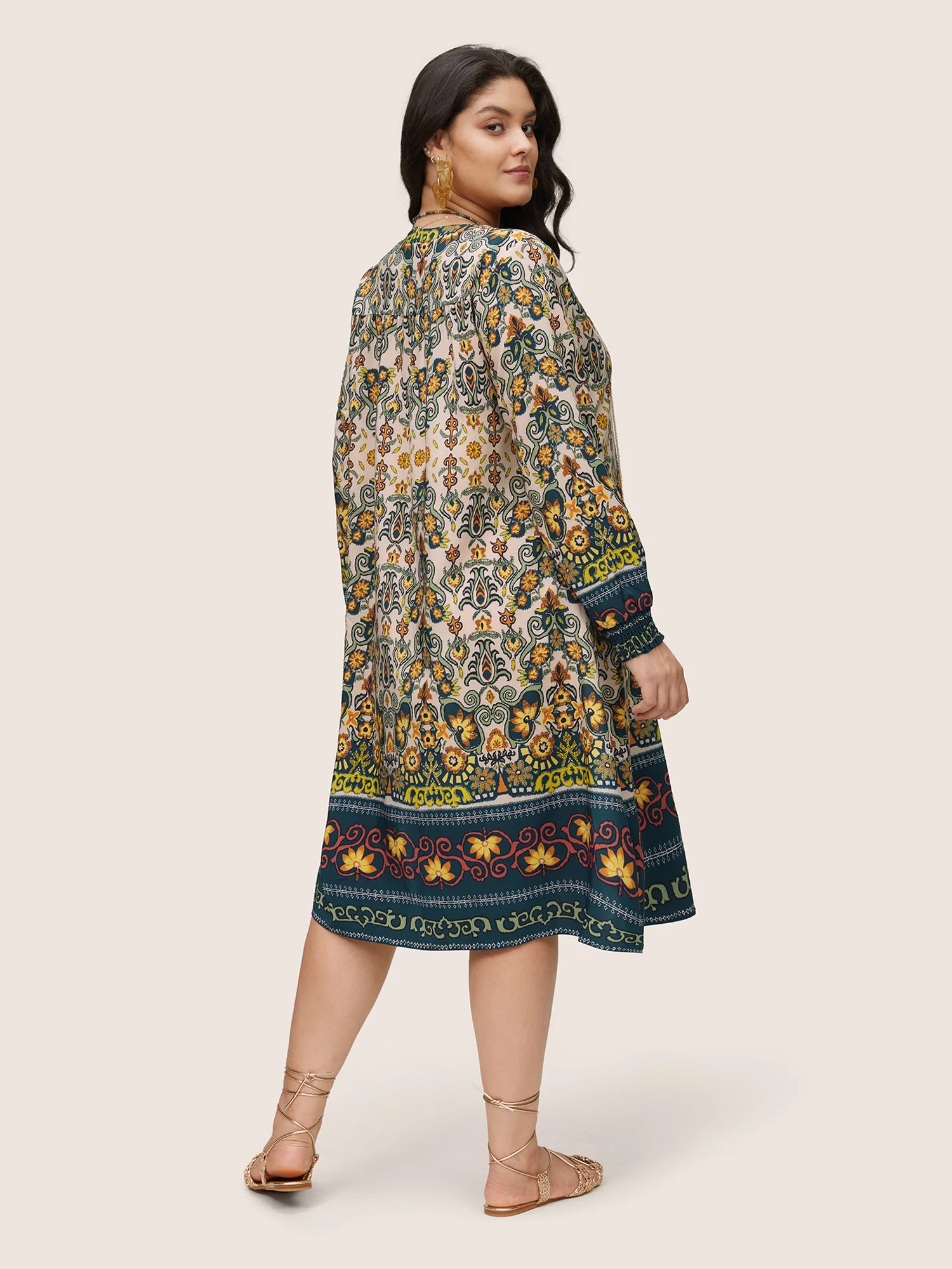 Bandana Print Tassels Ties Shirred Cuffs Dress - Image 4