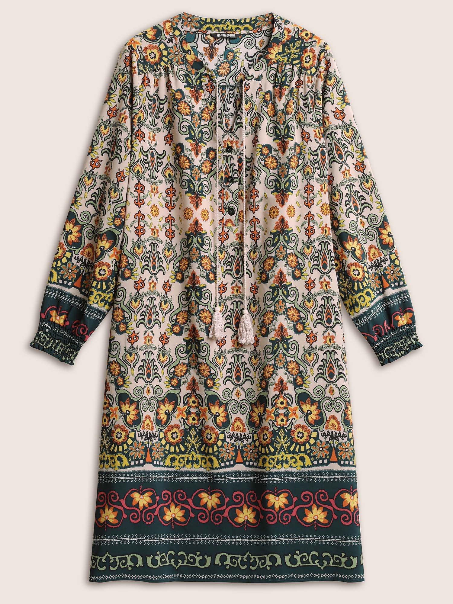 Bandana Print Tassels Ties Shirred Cuffs Dress - Image 7