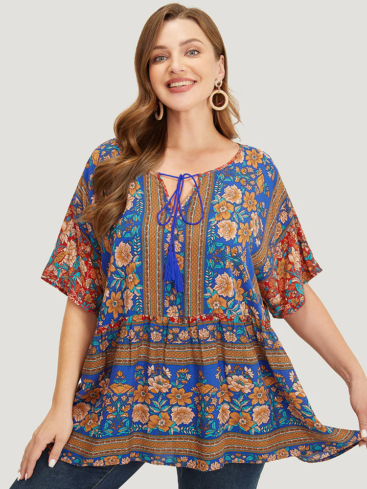 Bandana Print Tie Neck Tassels Batwing Sleeve Blouse - Image 10