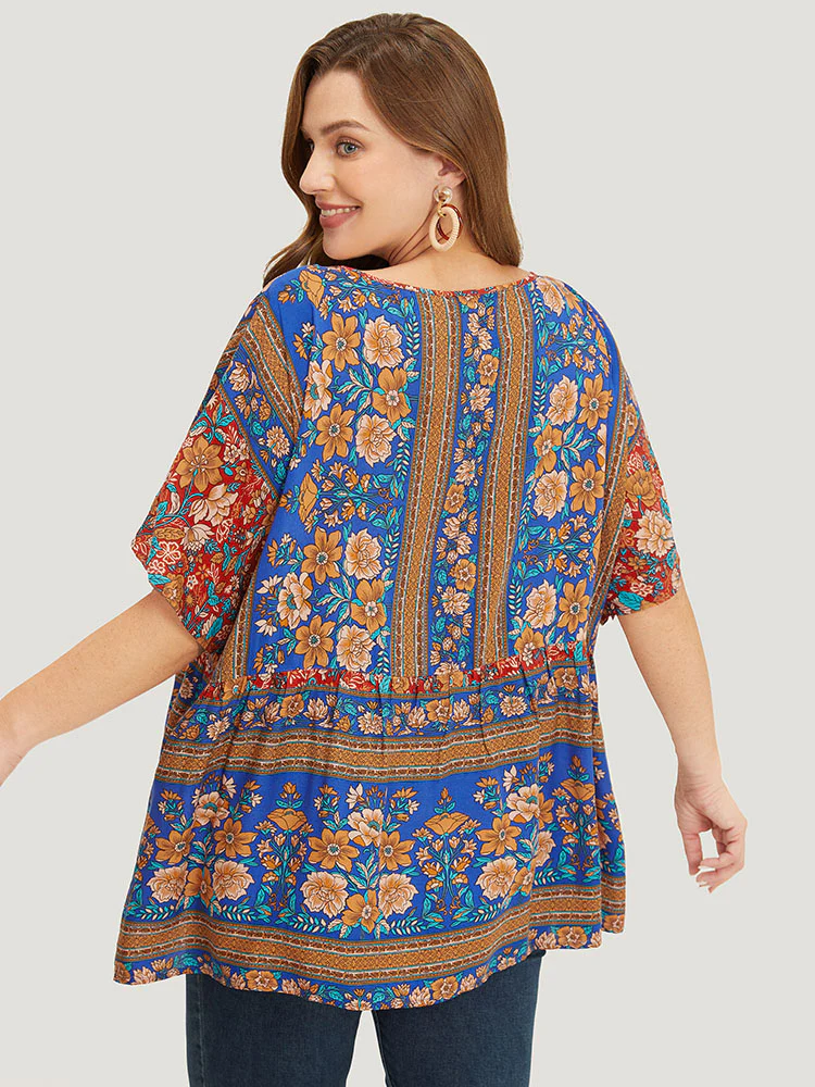 Bandana Print Tie Neck Tassels Batwing Sleeve Blouse - Image 11