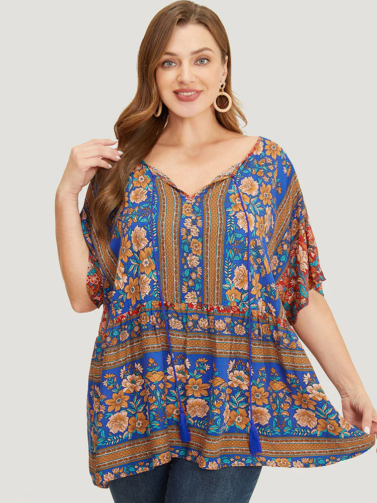 Bandana Print Tie Neck Tassels Batwing Sleeve Blouse - Image 6