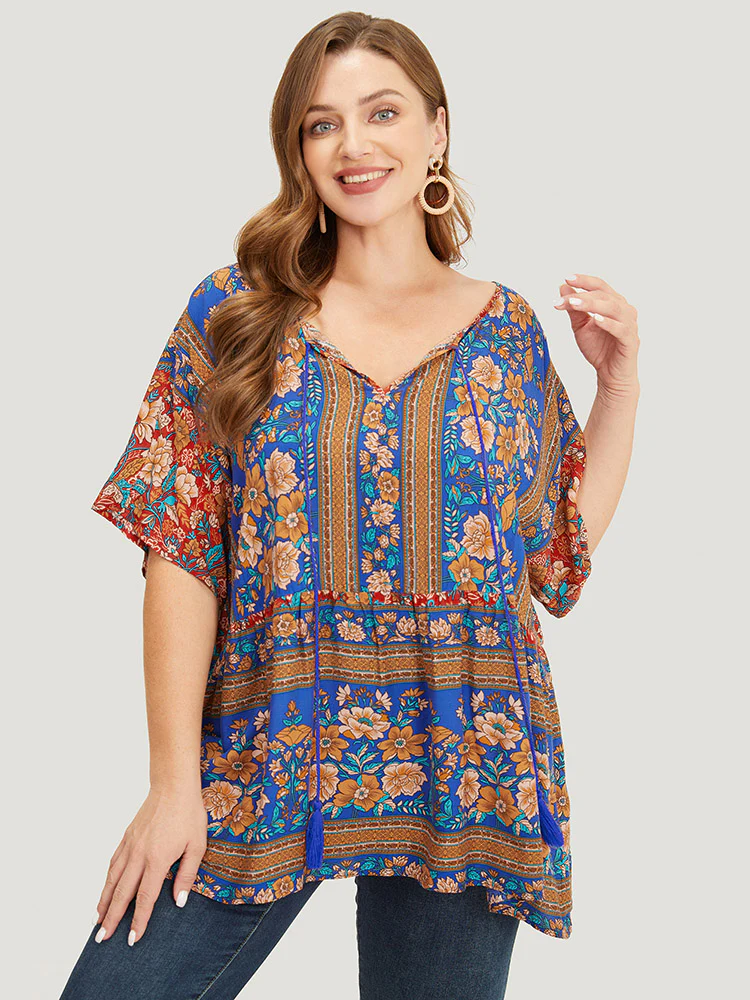 Bandana Print Tie Neck Tassels Batwing Sleeve Blouse - Image 7