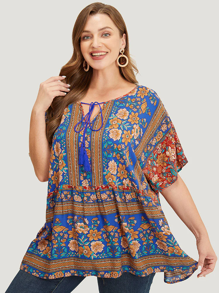 Bandana Print Tie Neck Tassels Batwing Sleeve Blouse - Image 8