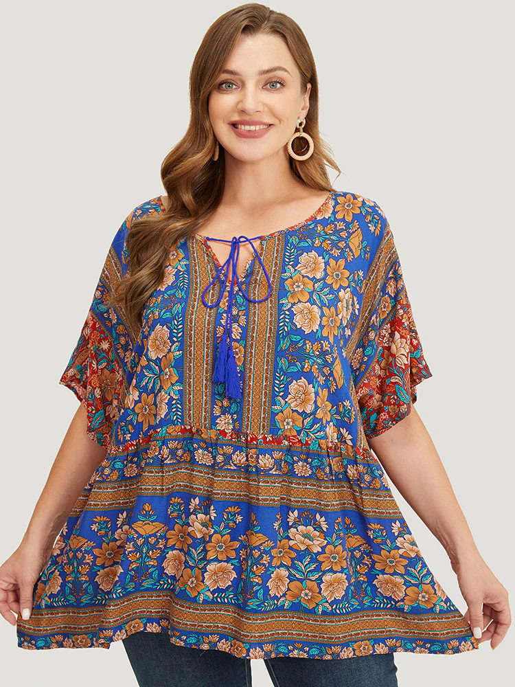 Bandana Print Tie Neck Tassels Batwing Sleeve Blouse - Image 9