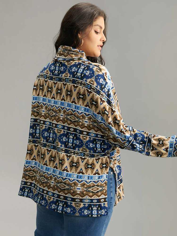 Bandana Print Turtleneck Split Hem T-shirt - Image 2