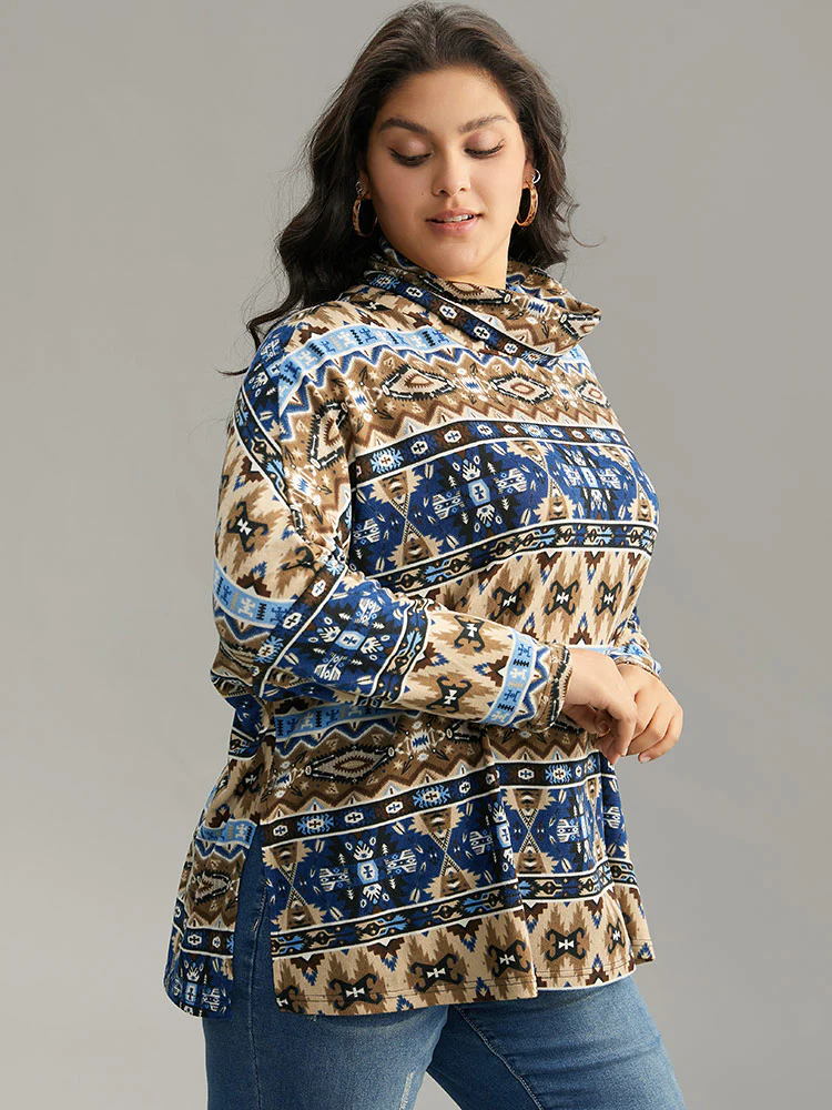 Bandana Print Turtleneck Split Hem T-shirt - Image 3
