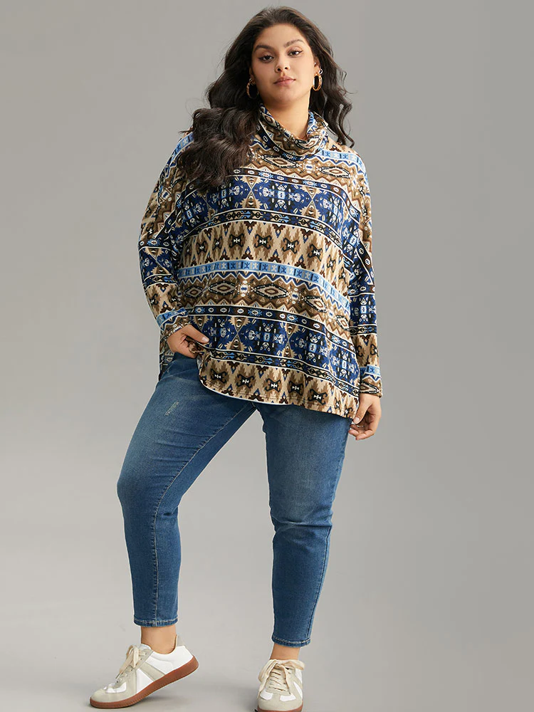 Bandana Print Turtleneck Split Hem T-shirt - Image 4