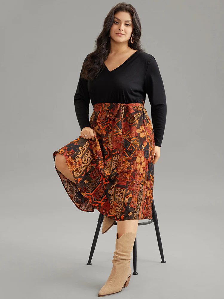 Bandana Print V Neck Patchwork Pocket Dress - Image 3