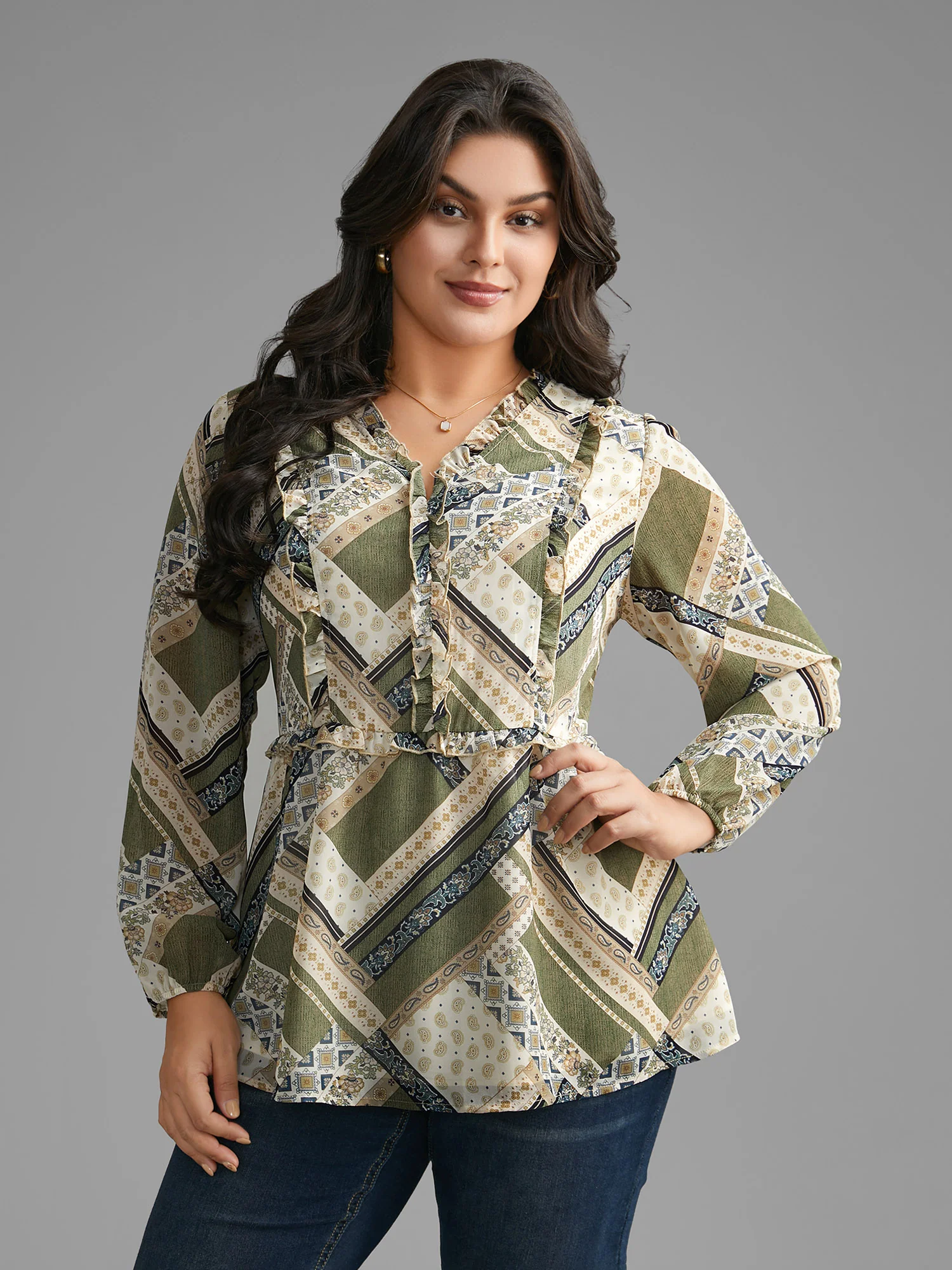Bandana Print V Neck Ruffle Trim Blouse - Image 2