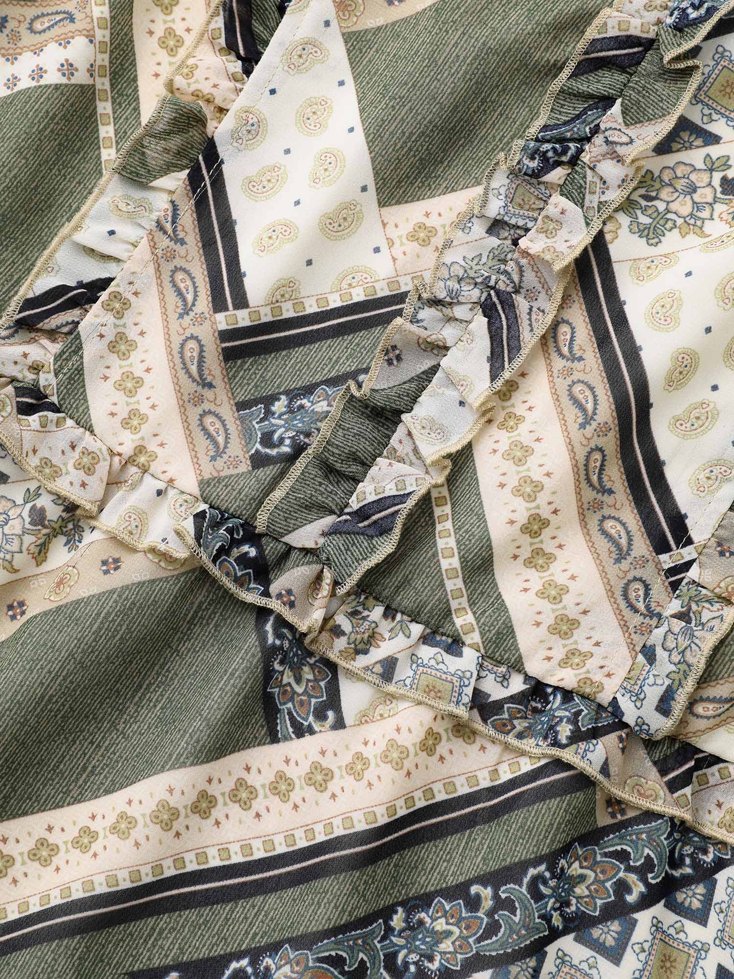 Bandana Print V Neck Ruffle Trim Blouse - Image 6