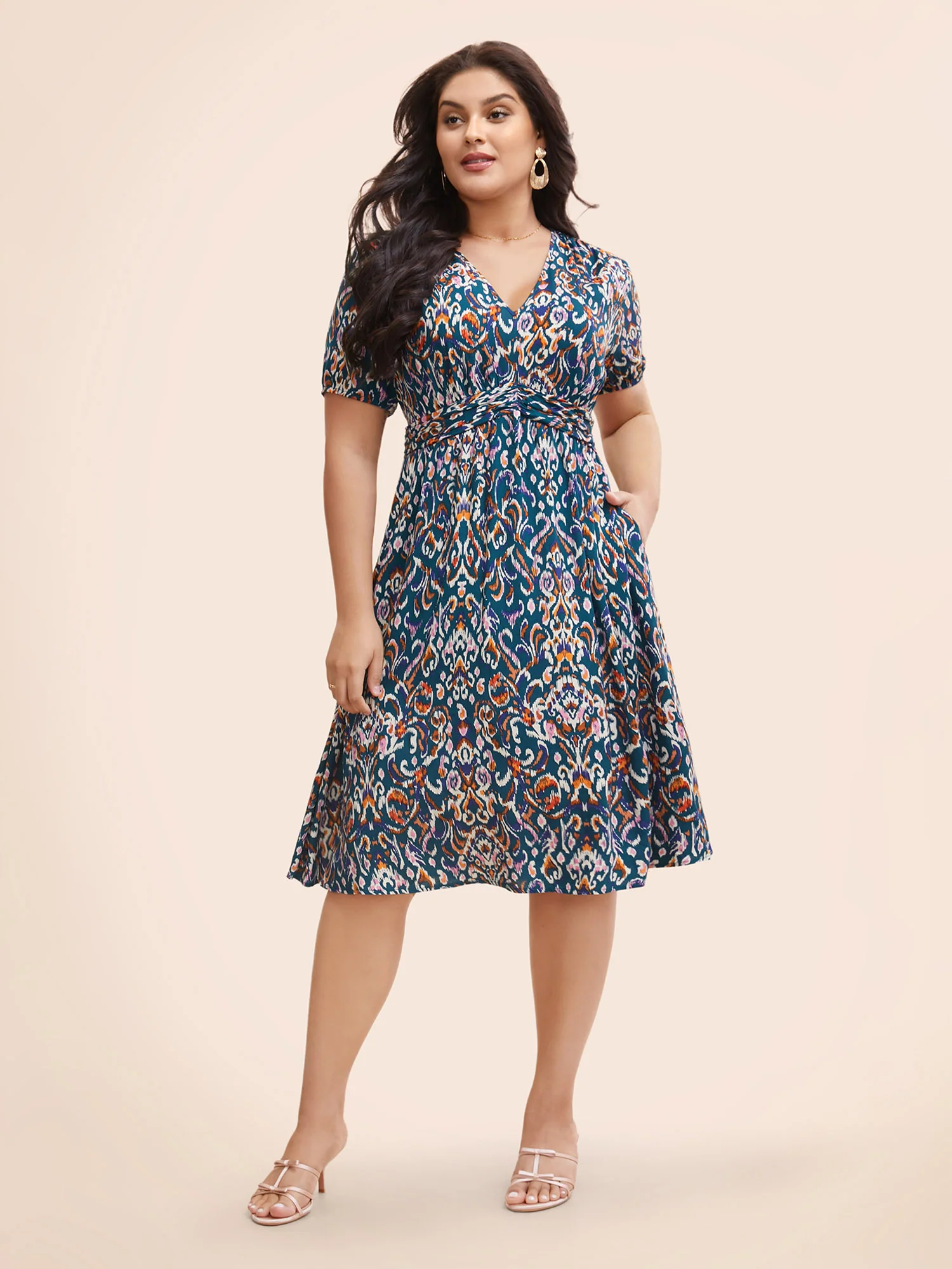 Bandana Print V Neck Shirred Gathered Dress - Image 2
