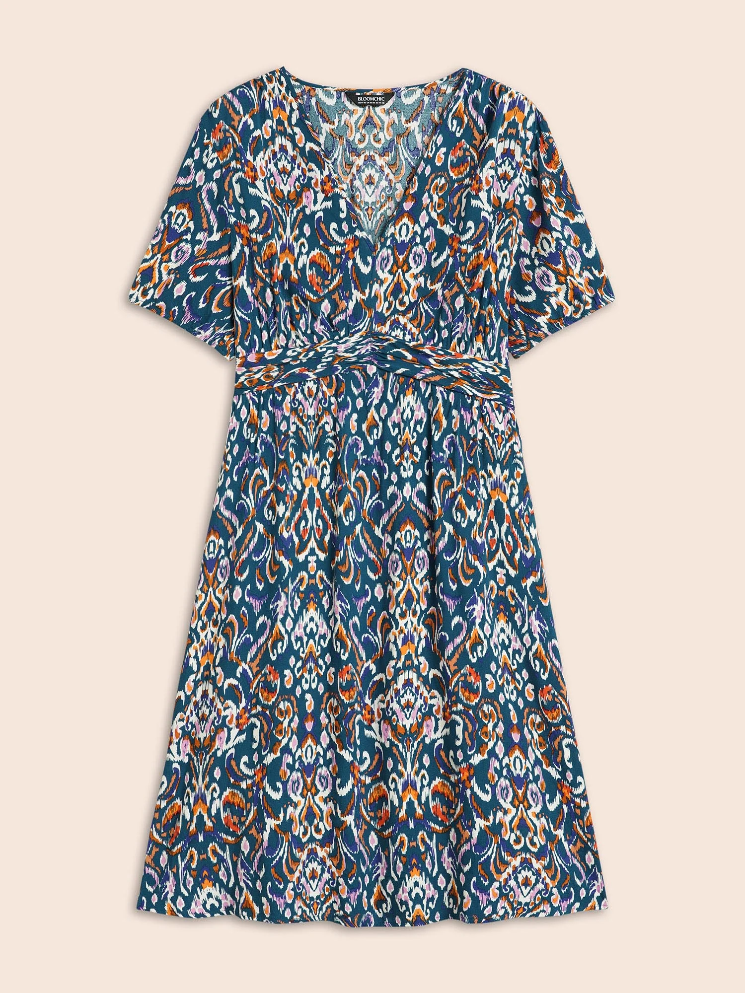 Bandana Print V Neck Shirred Gathered Dress - Image 7