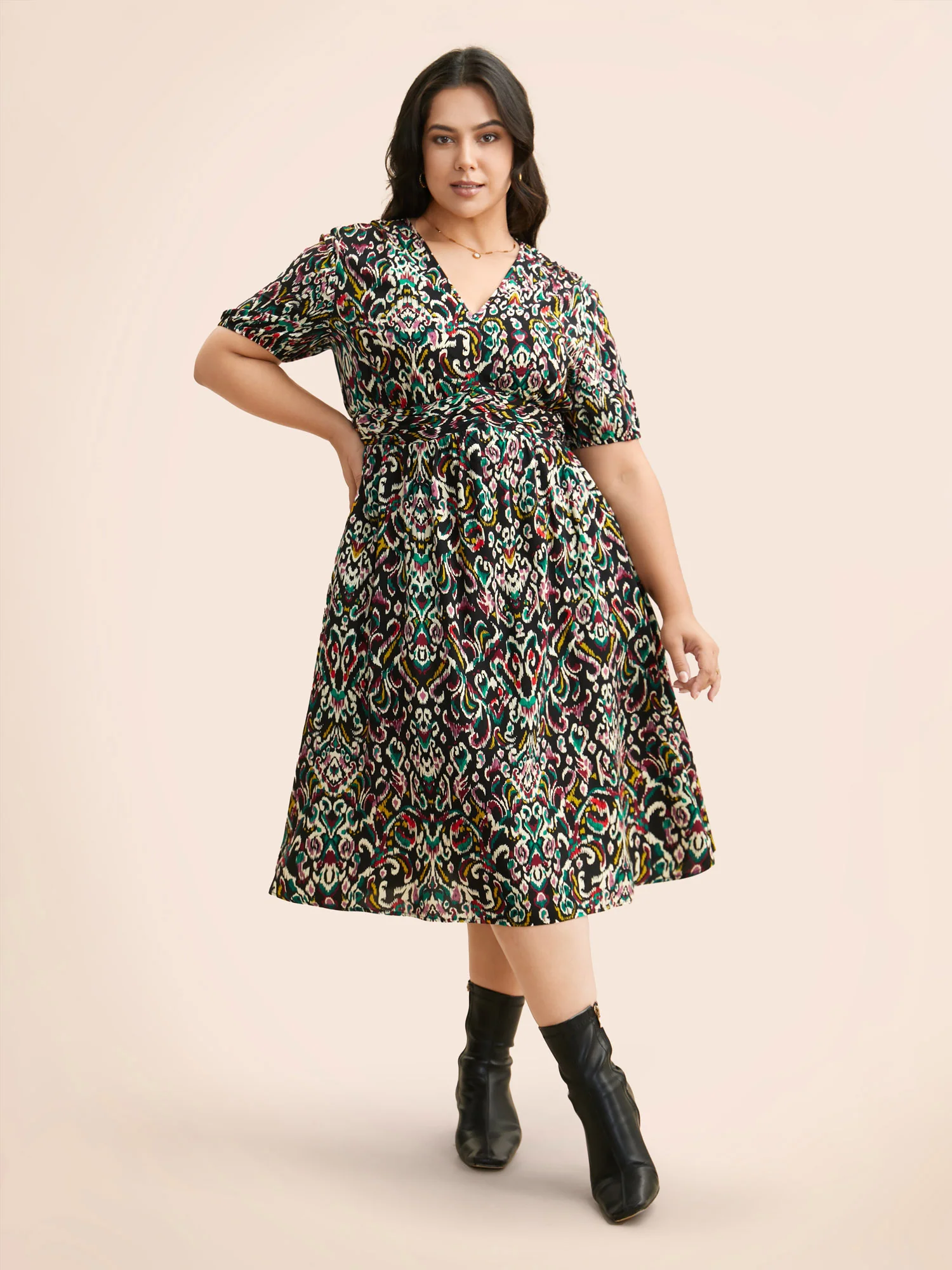 Bandana Print V Neck Shirred Gathered Dress - Image 8