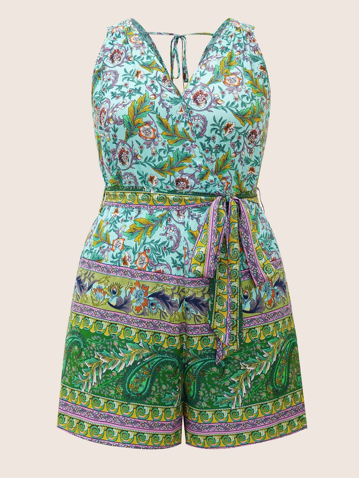 Bandana Print Wrap Belted Ties Romper - Image 7