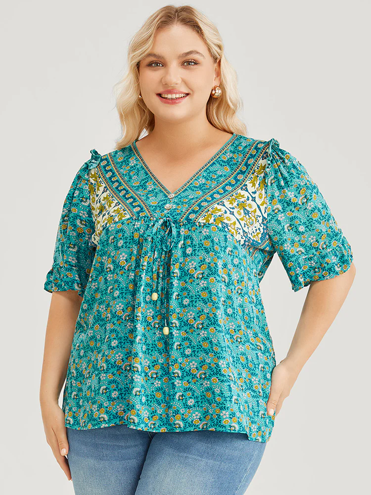 Bandana Ruffle Trim Knot Front Button Detail Blouse - Image 2