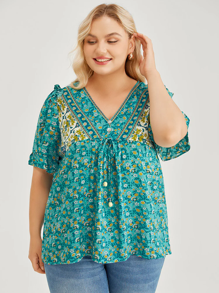 Bandana Ruffle Trim Knot Front Button Detail Blouse - Image 3