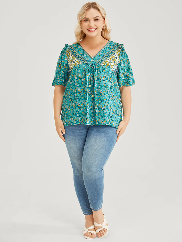 Bandana Ruffle Trim Knot Front Button Detail Blouse - Image 4