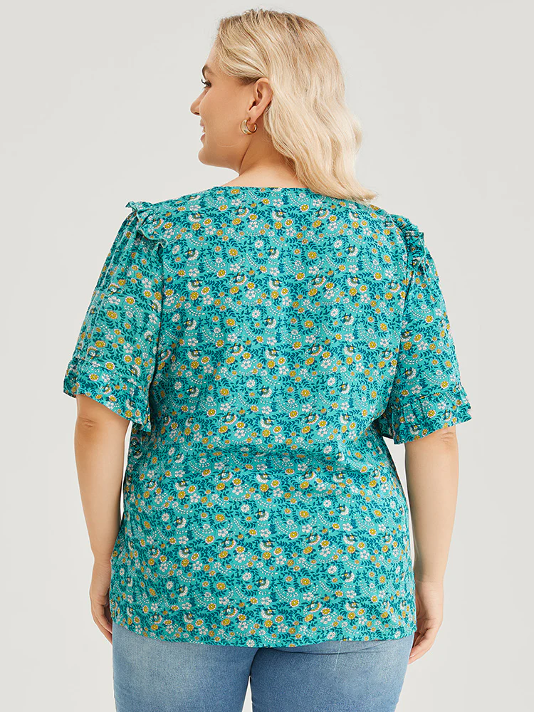 Bandana Ruffle Trim Knot Front Button Detail Blouse - Image 6