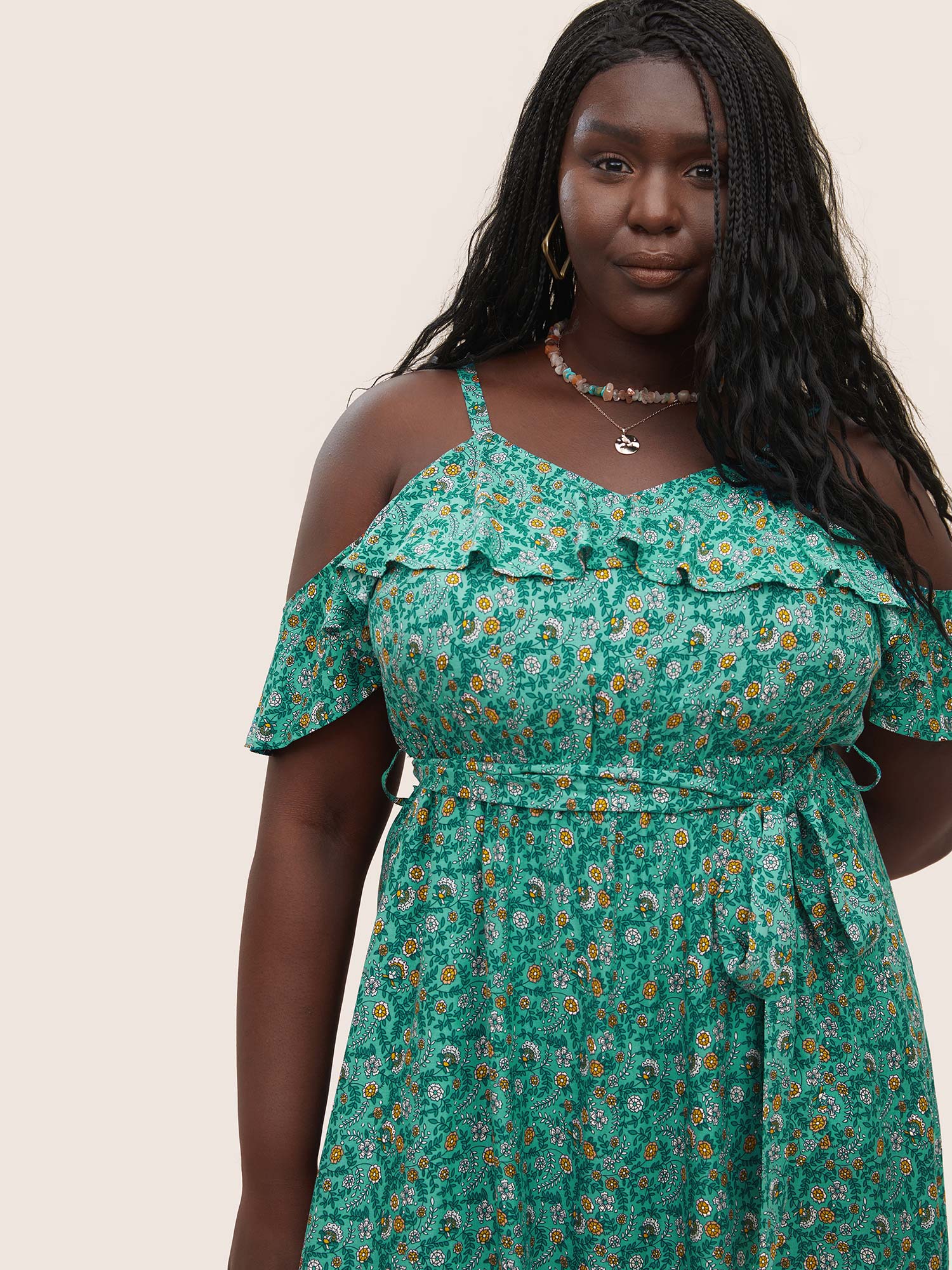 Bandana Ruffles Belted Cold Shoulder Dress - Image 2
