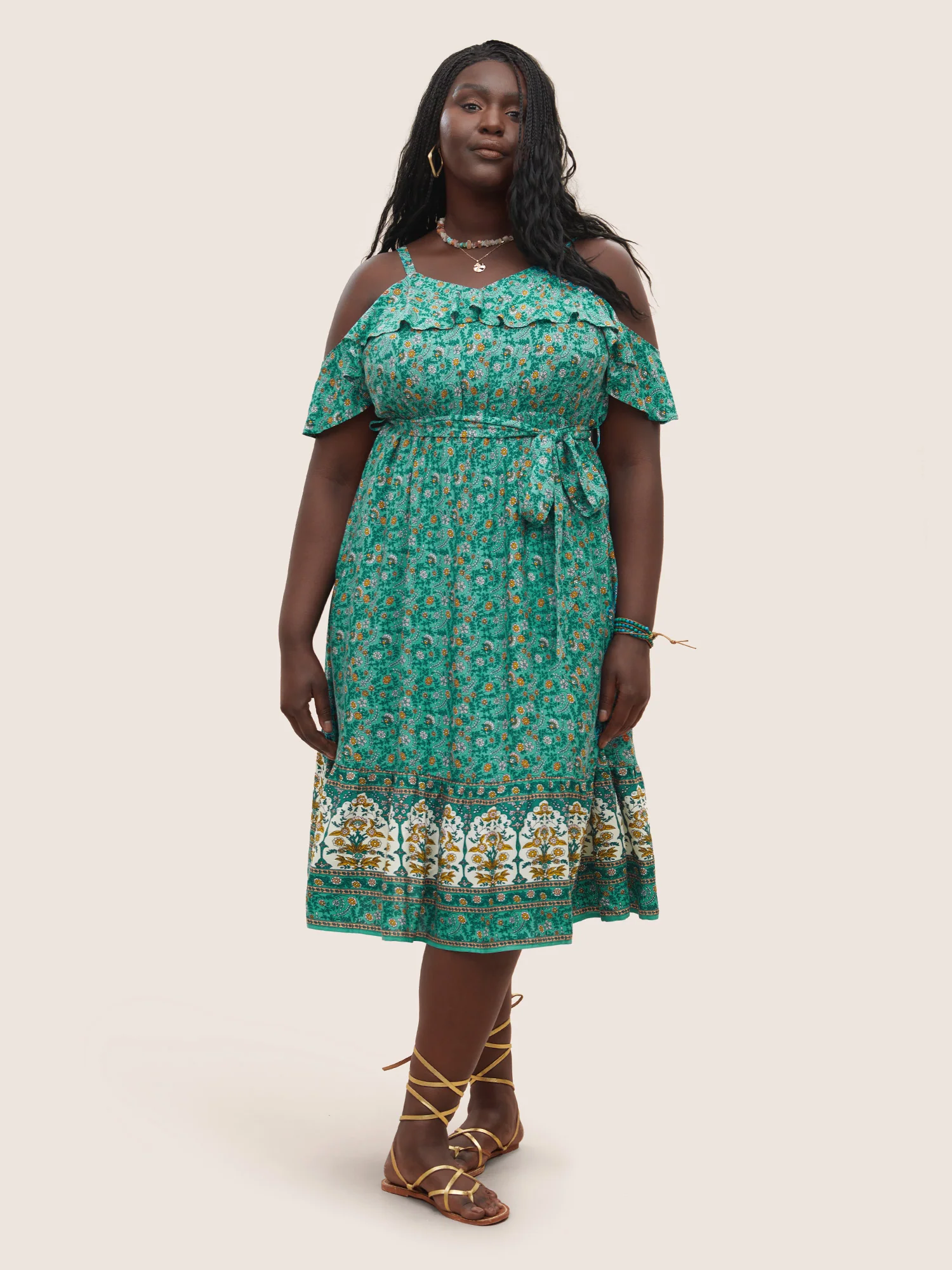 Bandana Ruffles Belted Cold Shoulder Dress - Image 3
