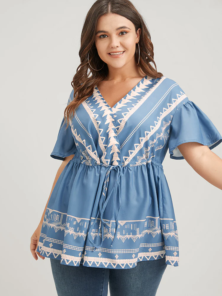 Bandana Ruffles Button Flutter Ties Wrap Blouse