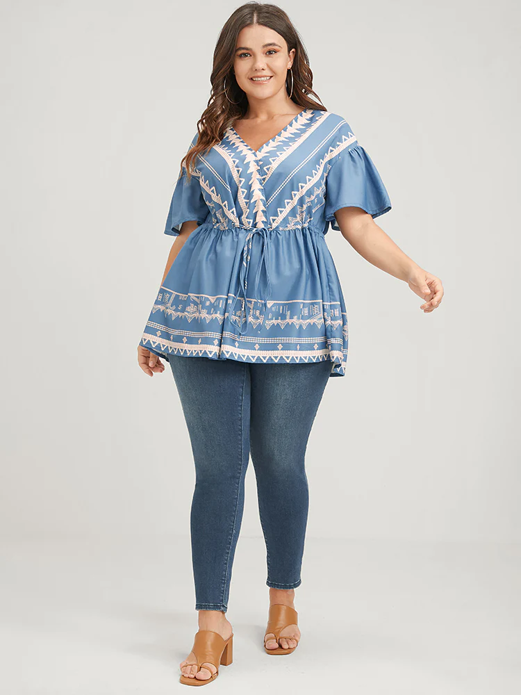 Bandana Ruffles Button Flutter Ties Wrap Blouse - Image 2