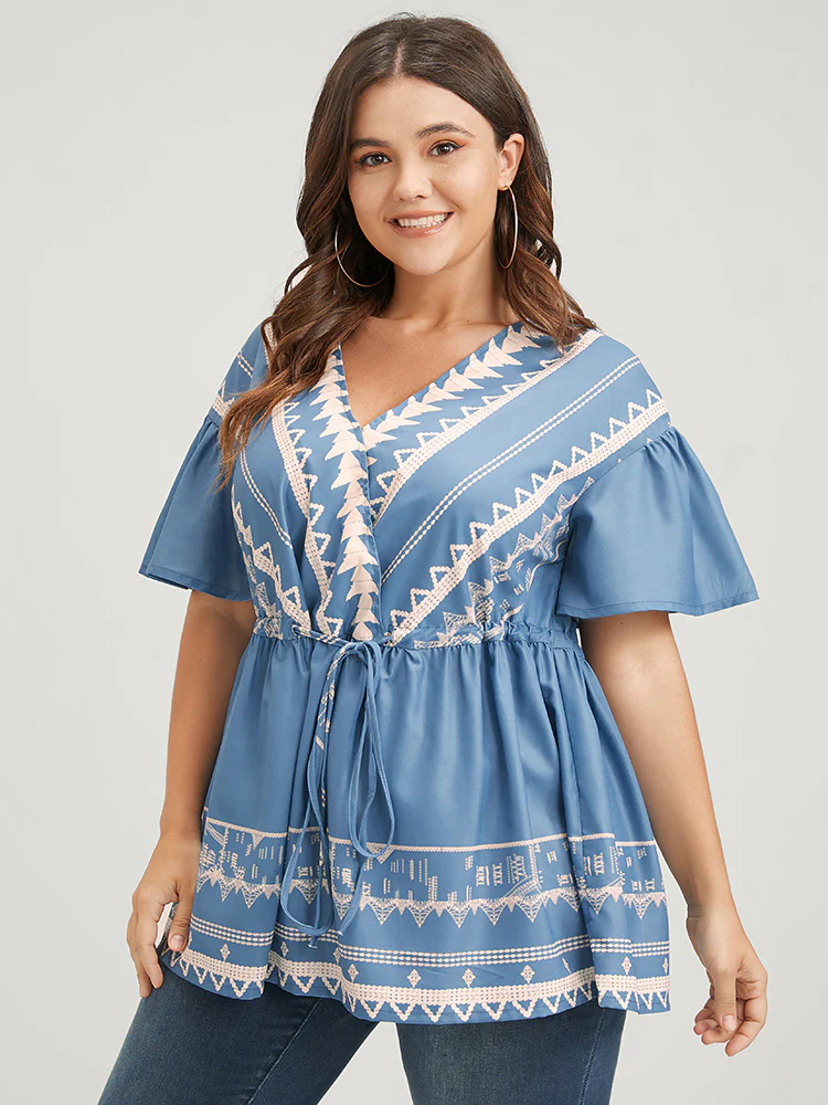 Bandana Ruffles Button Flutter Ties Wrap Blouse - Image 3