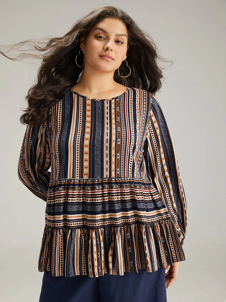 Bandana Stried Crew Neck Gathered Blouse - Image 2