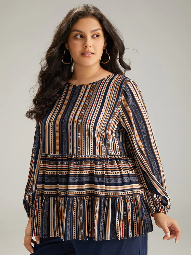 Bandana Stried Crew Neck Gathered Blouse - Image 3