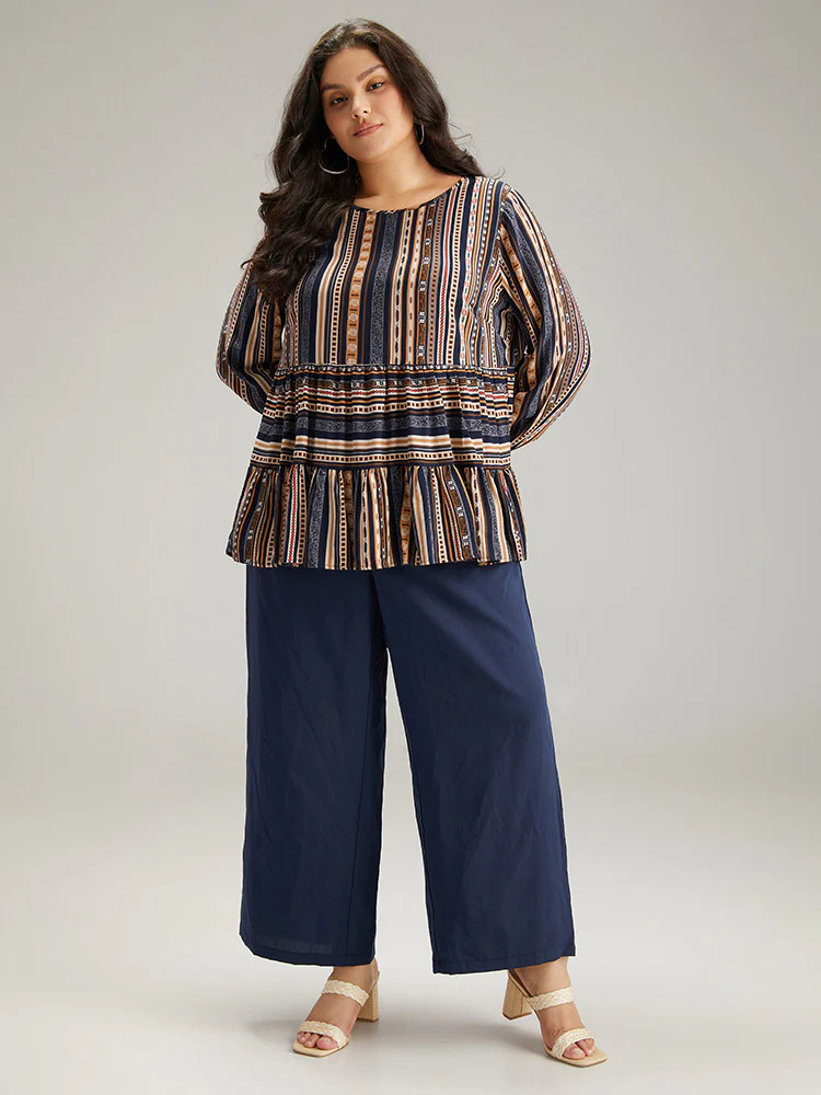 Bandana Stried Crew Neck Gathered Blouse - Image 4