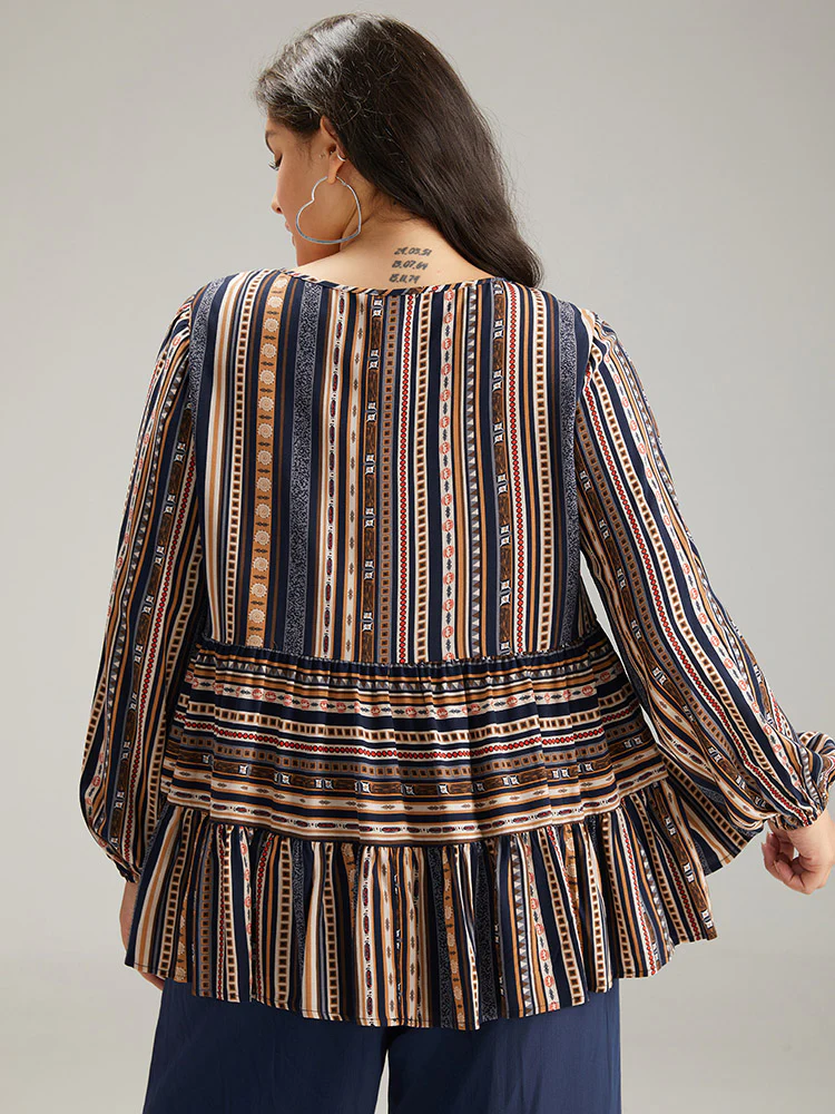 Bandana Stried Crew Neck Gathered Blouse - Image 5