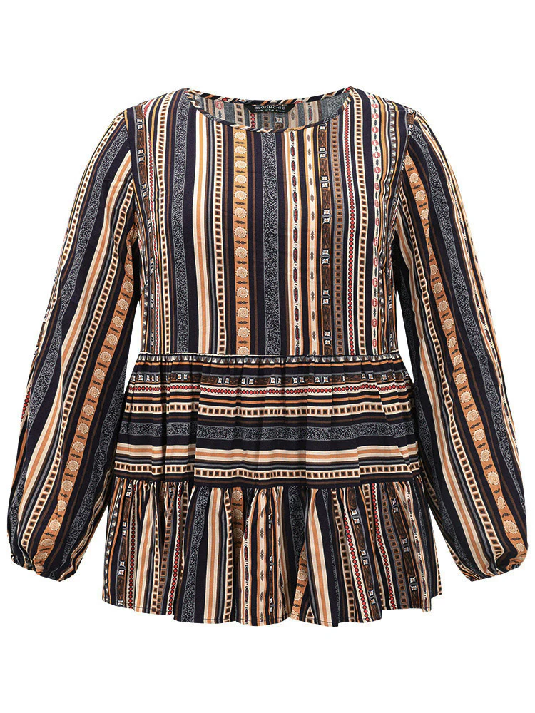 Bandana Stried Crew Neck Gathered Blouse - Image 8