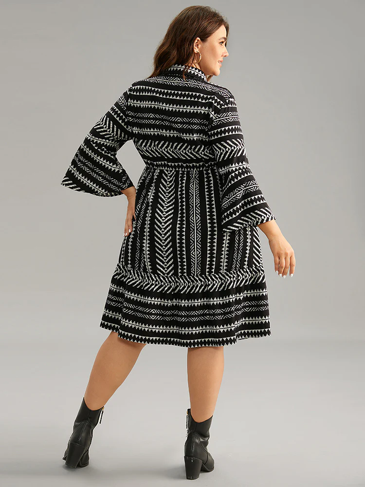 Bandana Striped Bell Sleeve Shirt Collar Dress - Image 2