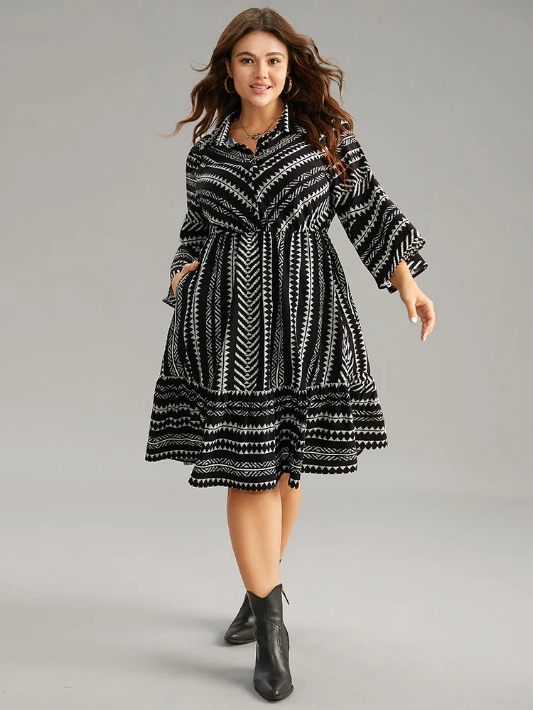 Bandana Striped Bell Sleeve Shirt Collar Dress - Image 3