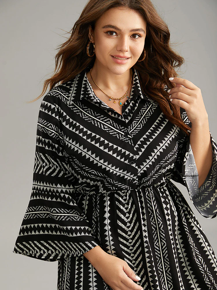 Bandana Striped Bell Sleeve Shirt Collar Dress - Image 4