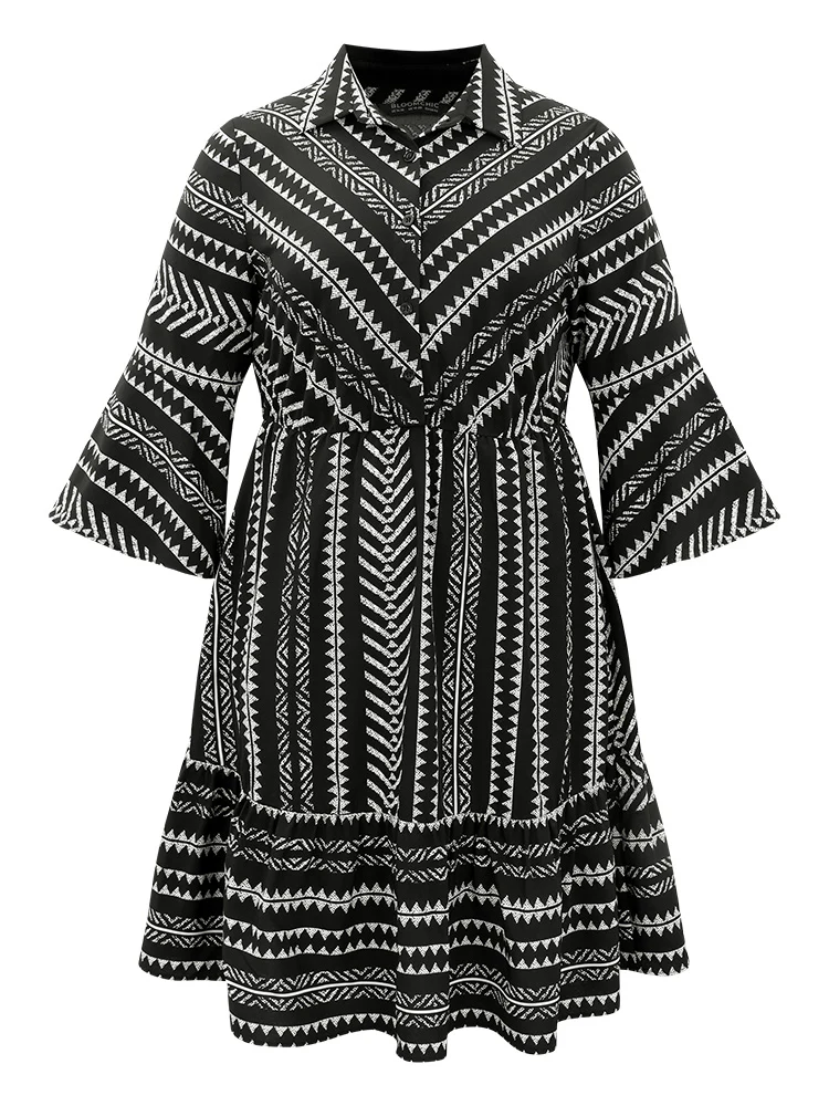 Bandana Striped Bell Sleeve Shirt Collar Dress - Image 5