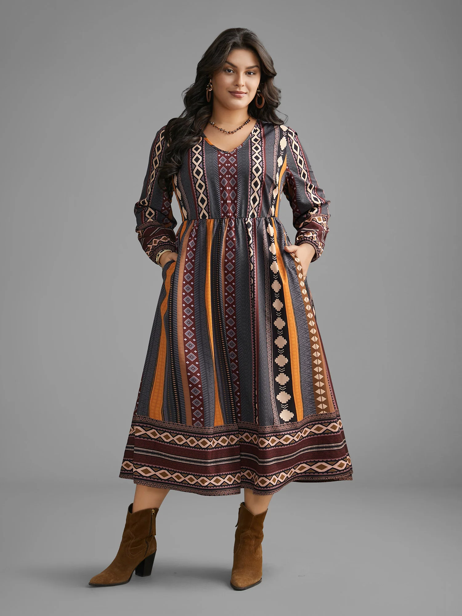 Bandana Striped Lantern Sleeve Midi Dress - Image 3