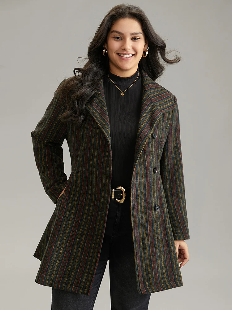 Bandana Striped Lapel Collar Belted Woolen Coat
