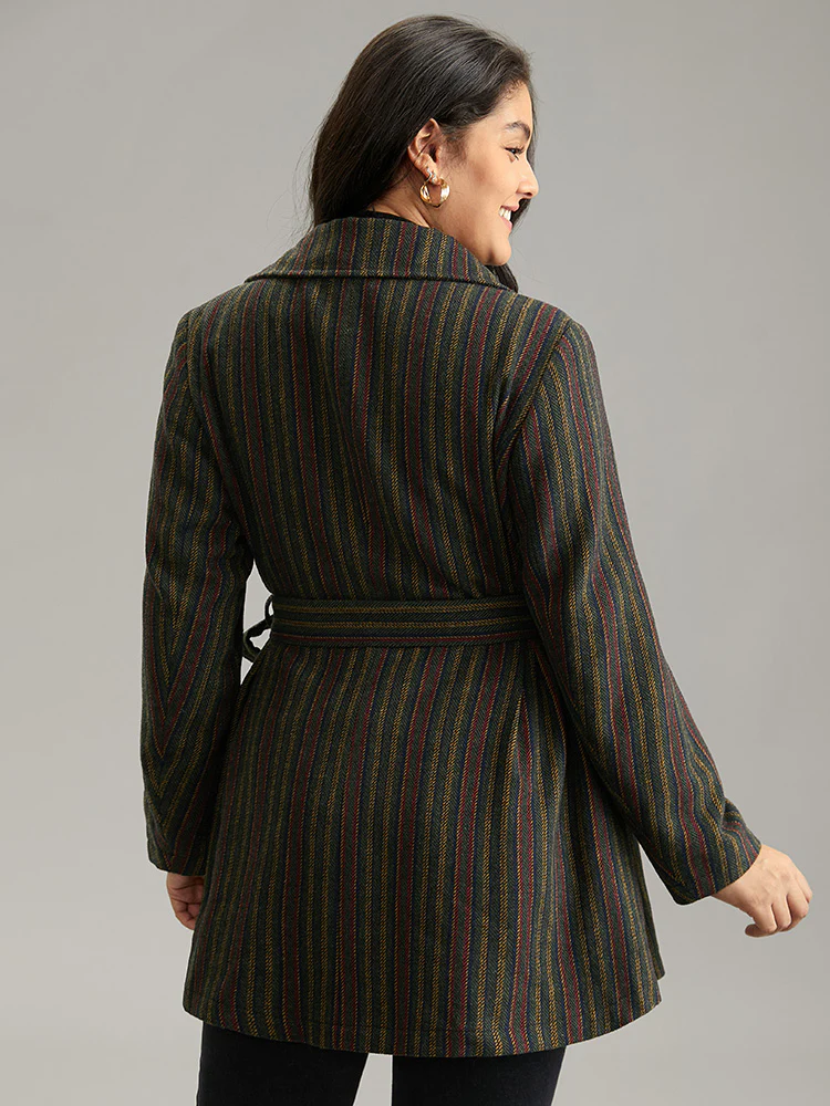 Bandana Striped Lapel Collar Belted Woolen Coat - Image 2