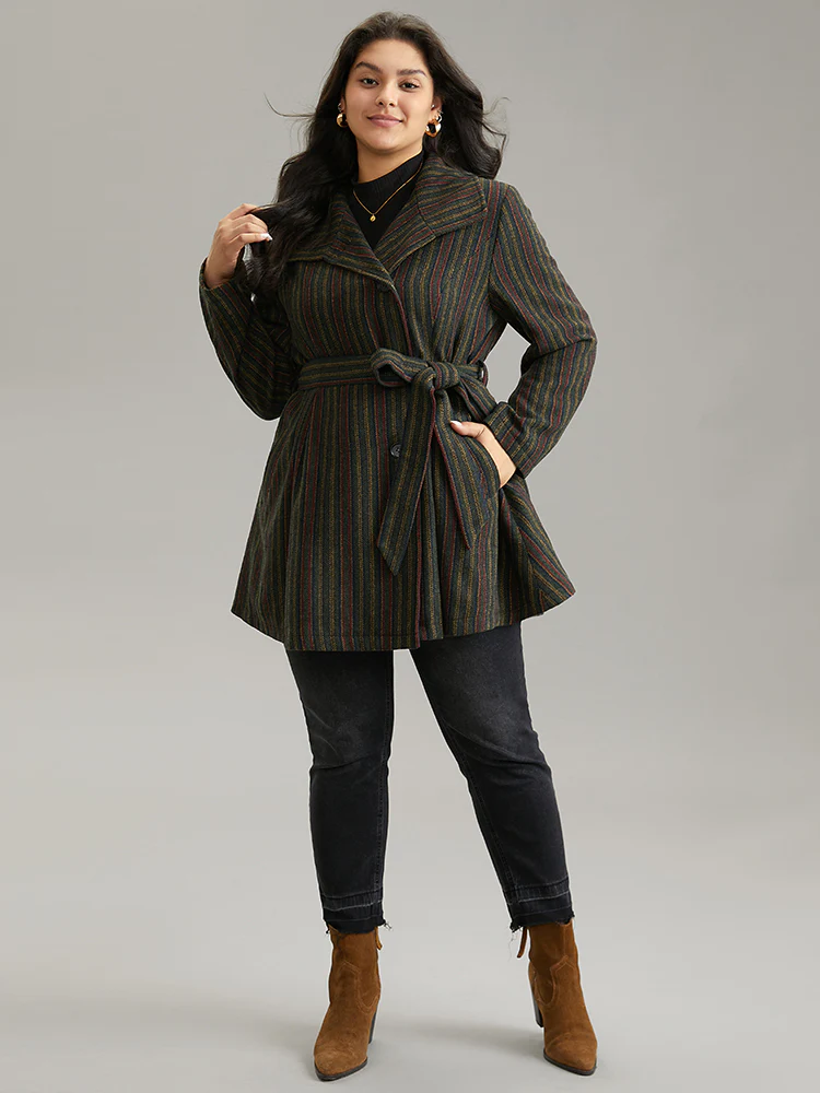 Bandana Striped Lapel Collar Belted Woolen Coat - Image 3