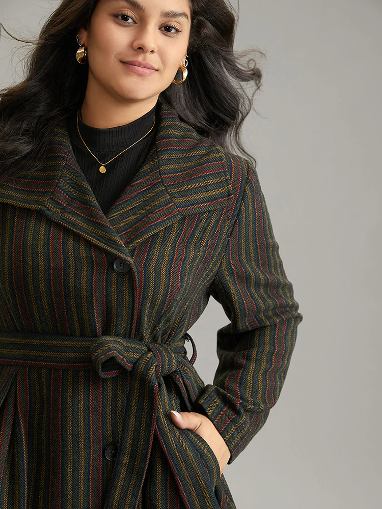 Bandana Striped Lapel Collar Belted Woolen Coat - Image 4