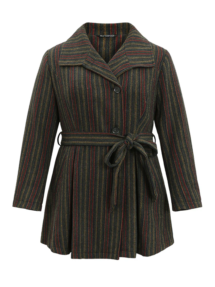 Bandana Striped Lapel Collar Belted Woolen Coat - Image 5