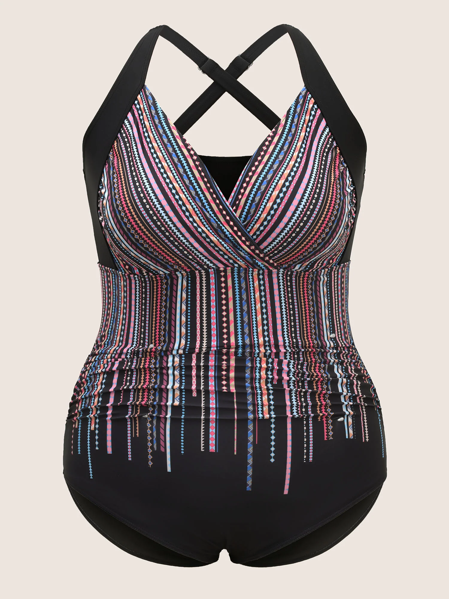 Bandana Striped Overlap Collar Back Crisscross One Piece Swimsuit - Image 7