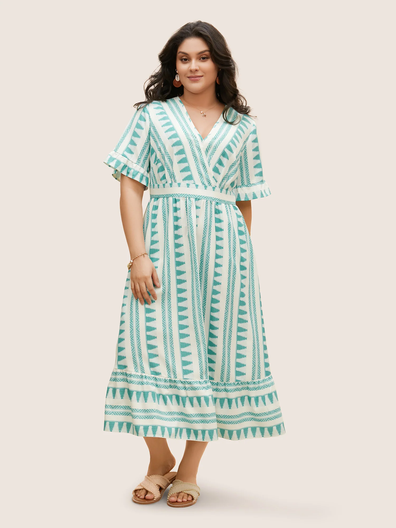 Bandana Striped Overlap Collar Flutter Hem Dress - Image 2