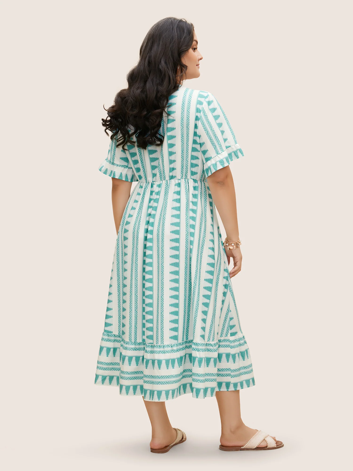 Bandana Striped Overlap Collar Flutter Hem Dress - Image 3