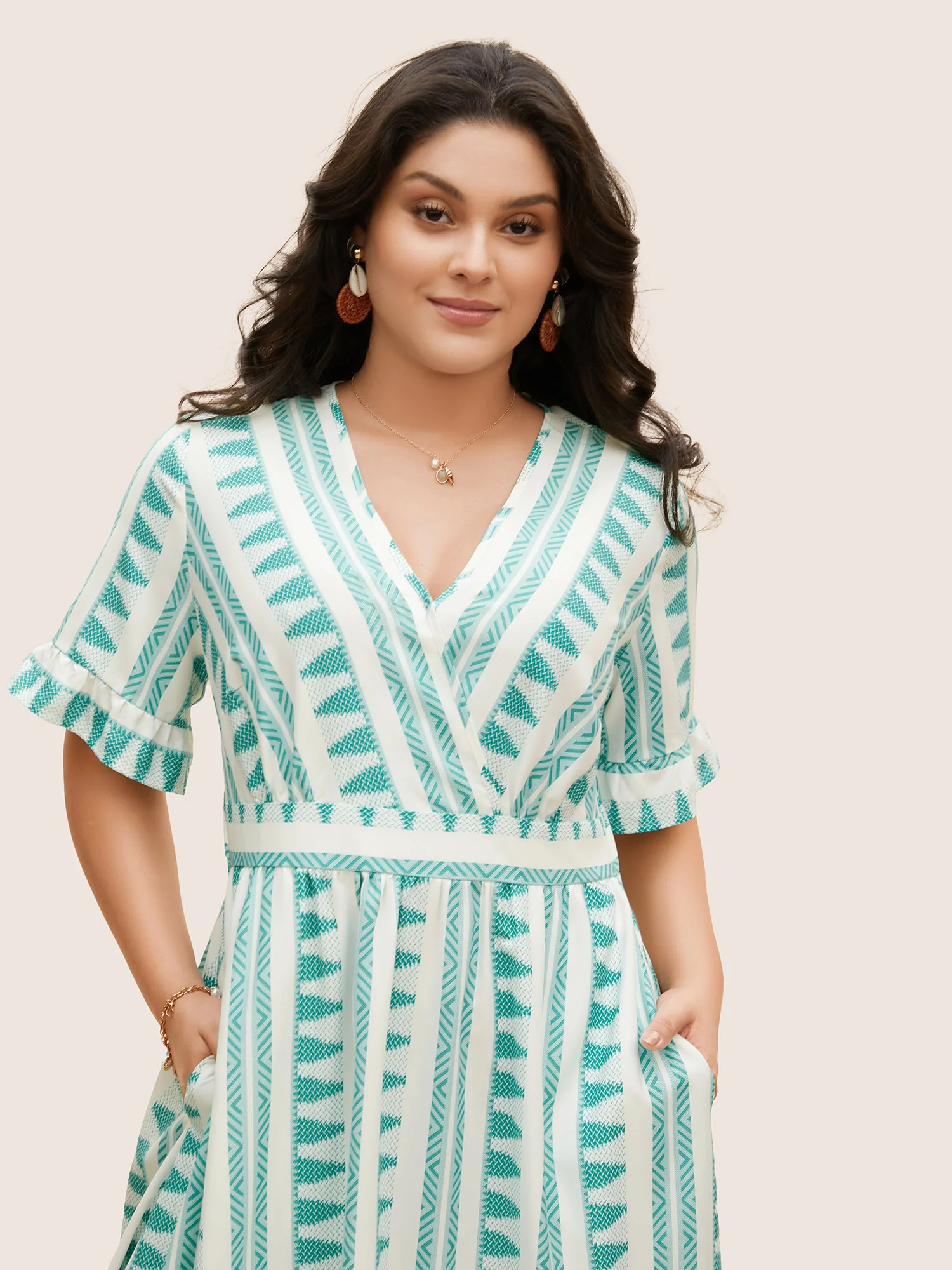Bandana Striped Overlap Collar Flutter Hem Dress - Image 4