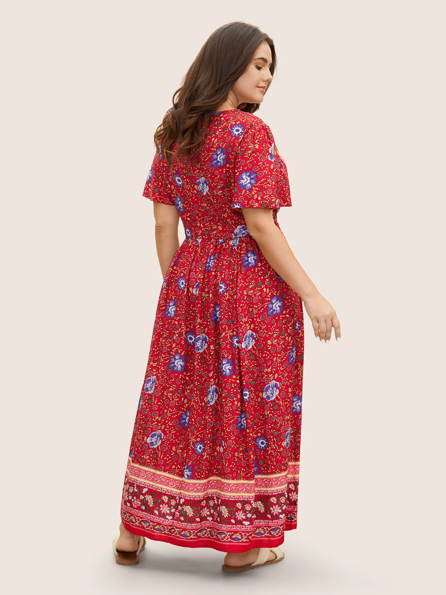 Bandana Surplice Neck Pocket Belted Flutter Hem Maxi Dress - Image 10