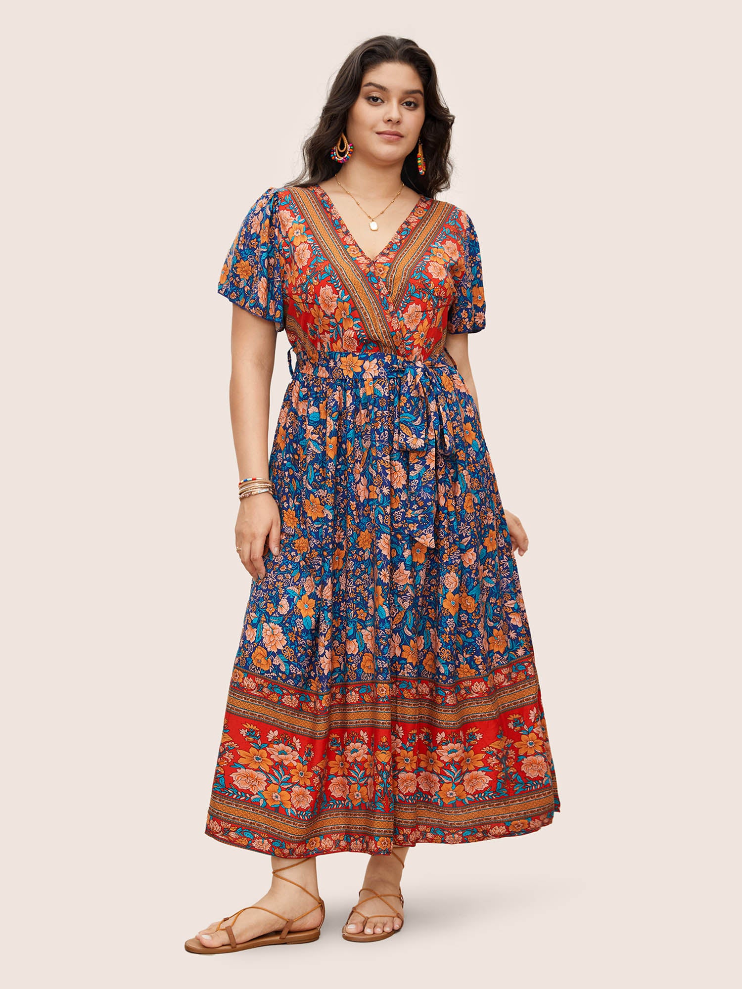 Bandana Surplice Neck Pocket Belted Flutter Hem Maxi Dress - Image 3