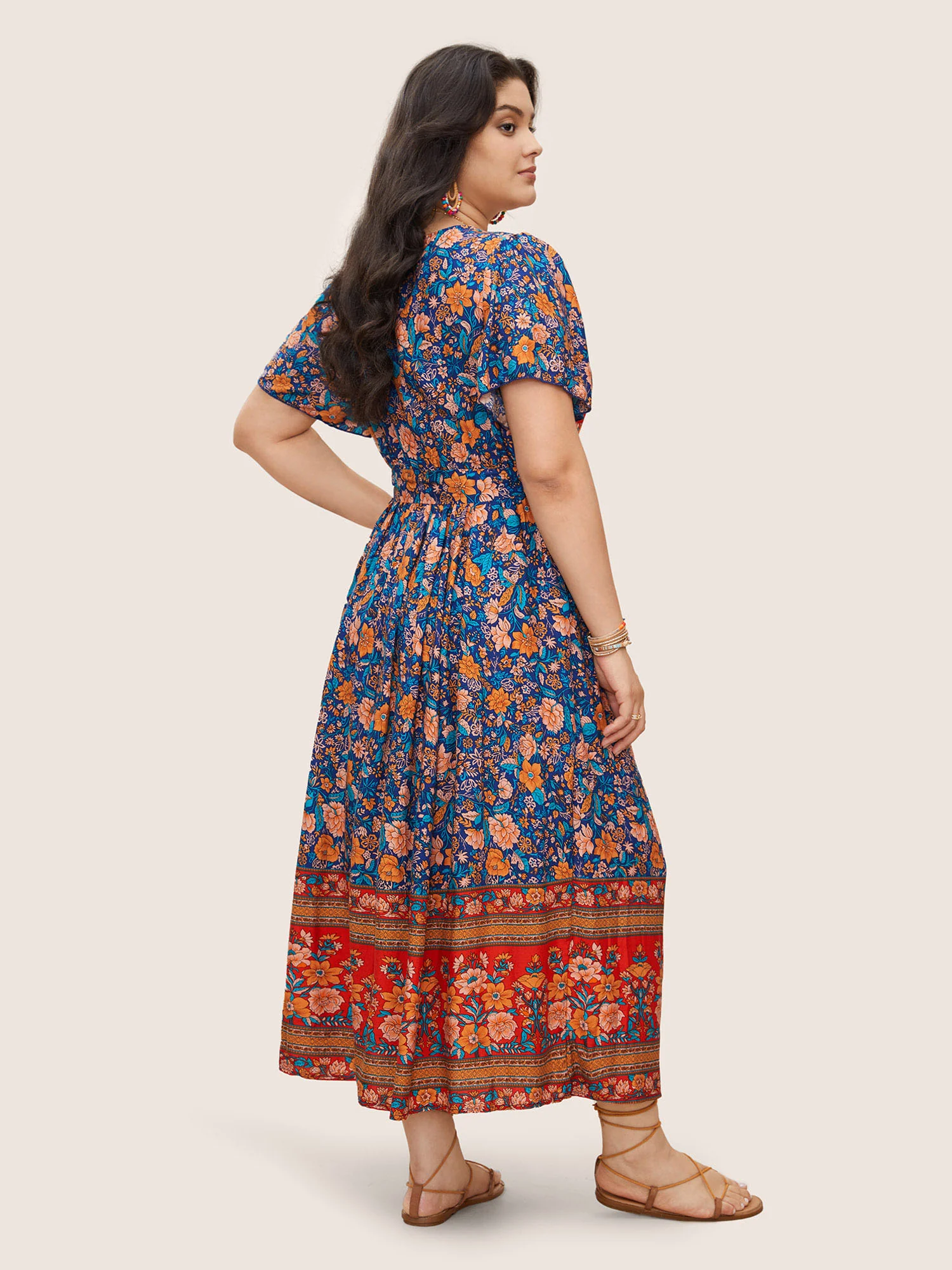 Bandana Surplice Neck Pocket Belted Flutter Hem Maxi Dress - Image 4