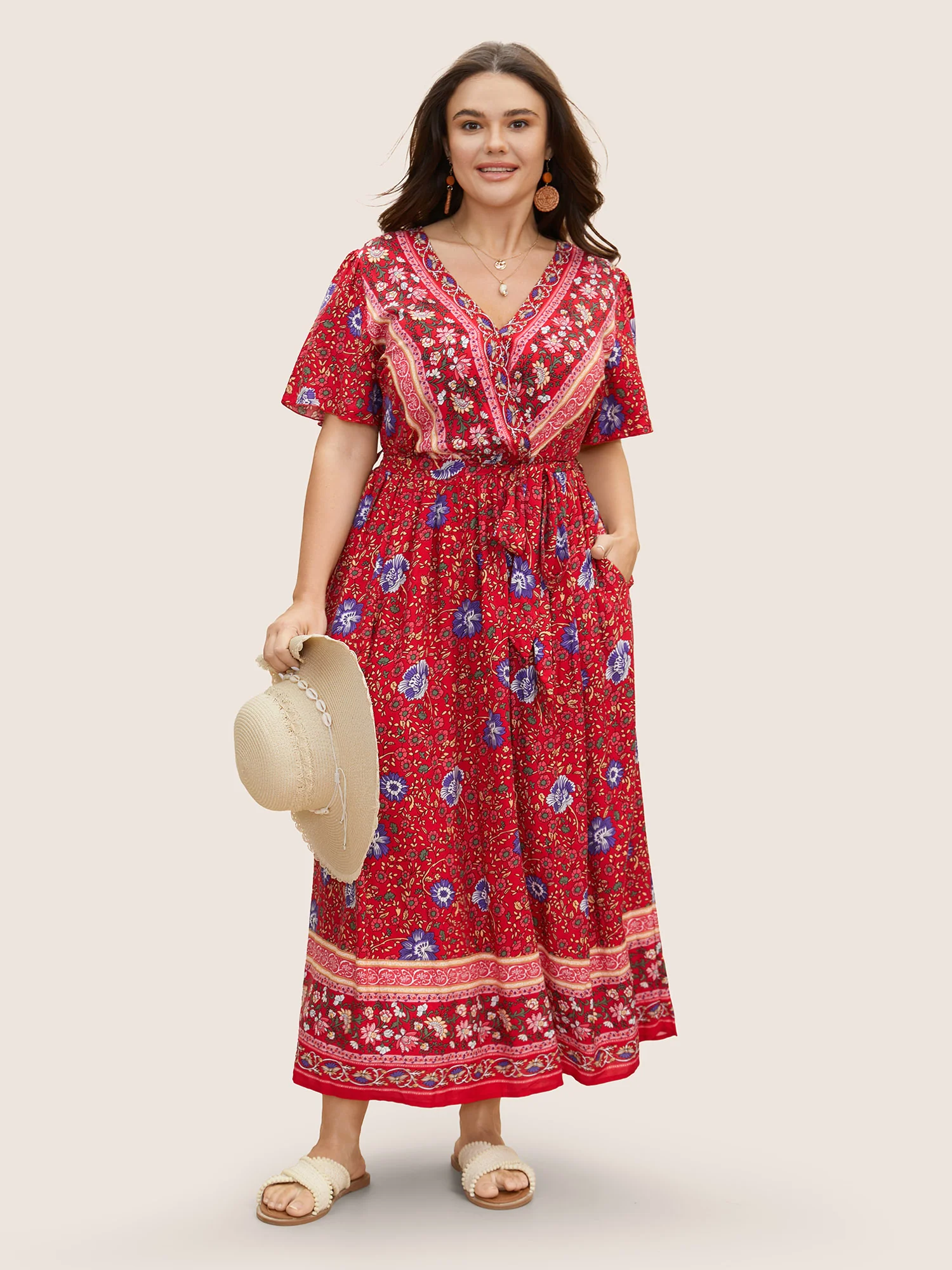 Bandana Surplice Neck Pocket Belted Flutter Hem Maxi Dress - Image 9